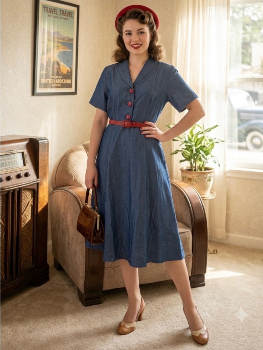 Loco Lindo Retro 1940s Blue Chambray Midi Day Dress Red Polka Dot Buttons XL